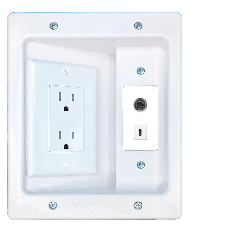 RiteAV 3.5mm USBC Recessed Wall Plate Cable Concealer Management Kit with Power Outlet Hides Cords and Cables