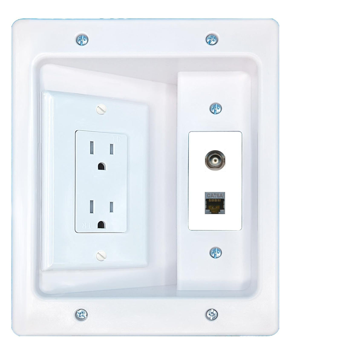 RiteAV BNC CAT6A Recessed Wall Plate Cable Concealer Management Kit with Power Outlet Hides Cords and Cables
