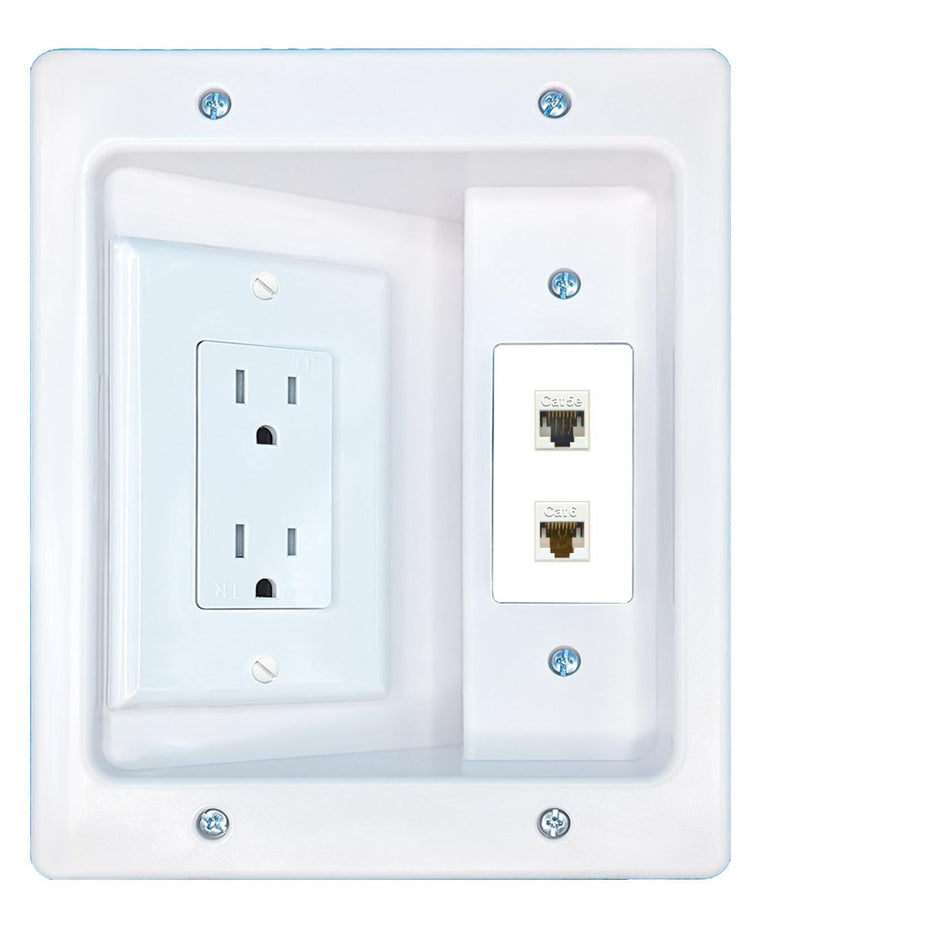 RiteAV CAT5E CAT6 Recessed Wall Plate Cable Concealer Management Kit with Power Outlet Hides Cords and Cables