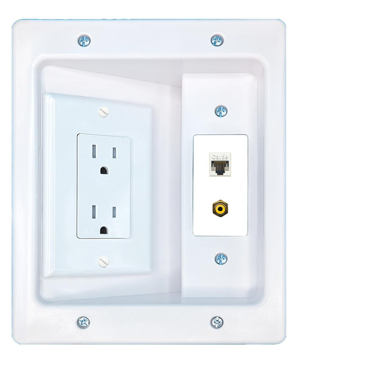 RiteAV CAT5E RCA-YELLOW Recessed Wall Plate Cable Concealer Management Kit with Power Outlet Hides Cords and Cables