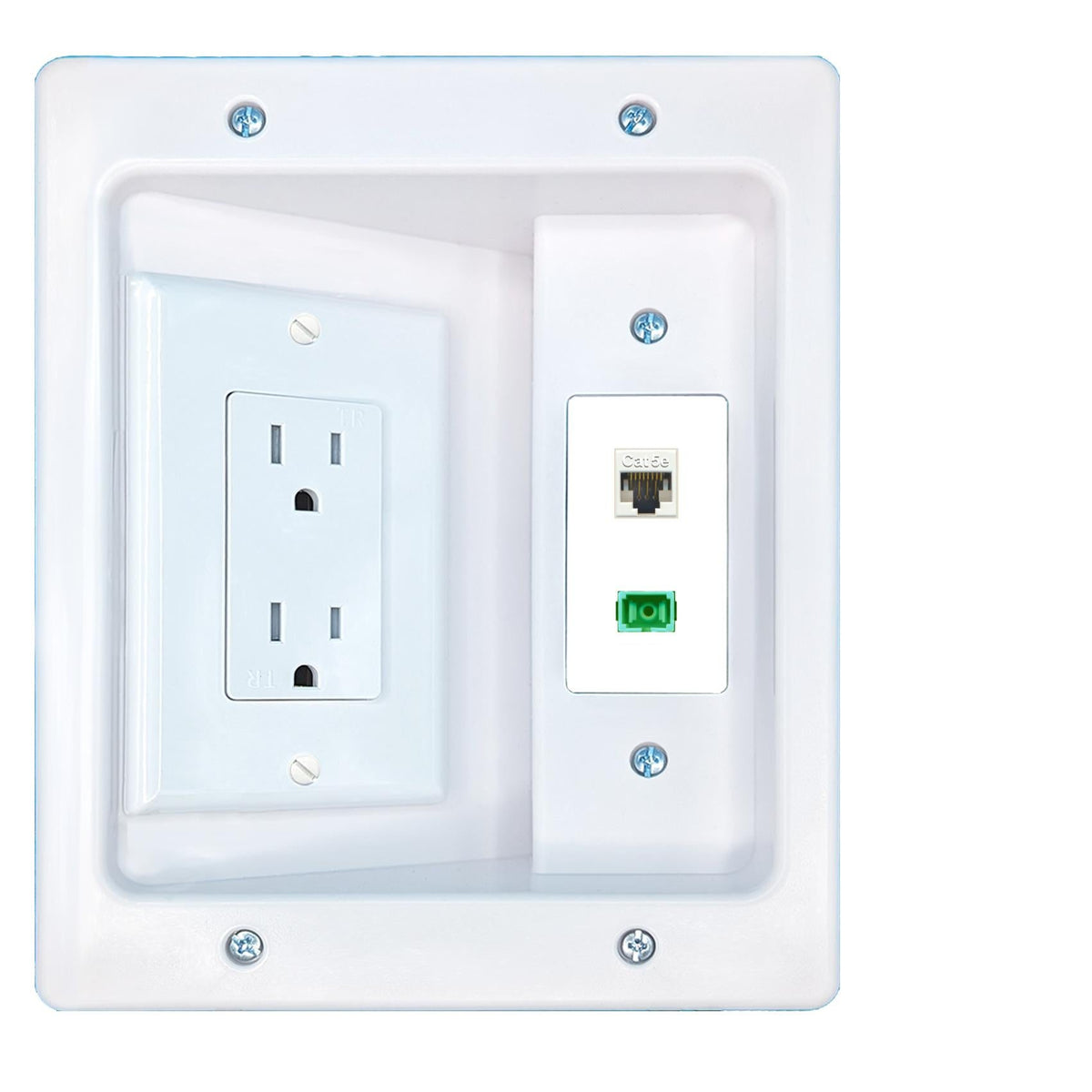 RiteAV CAT5E SC-APC-SX Recessed Wall Plate Cable Concealer Management Kit with Power Outlet Hides Cords and Cables