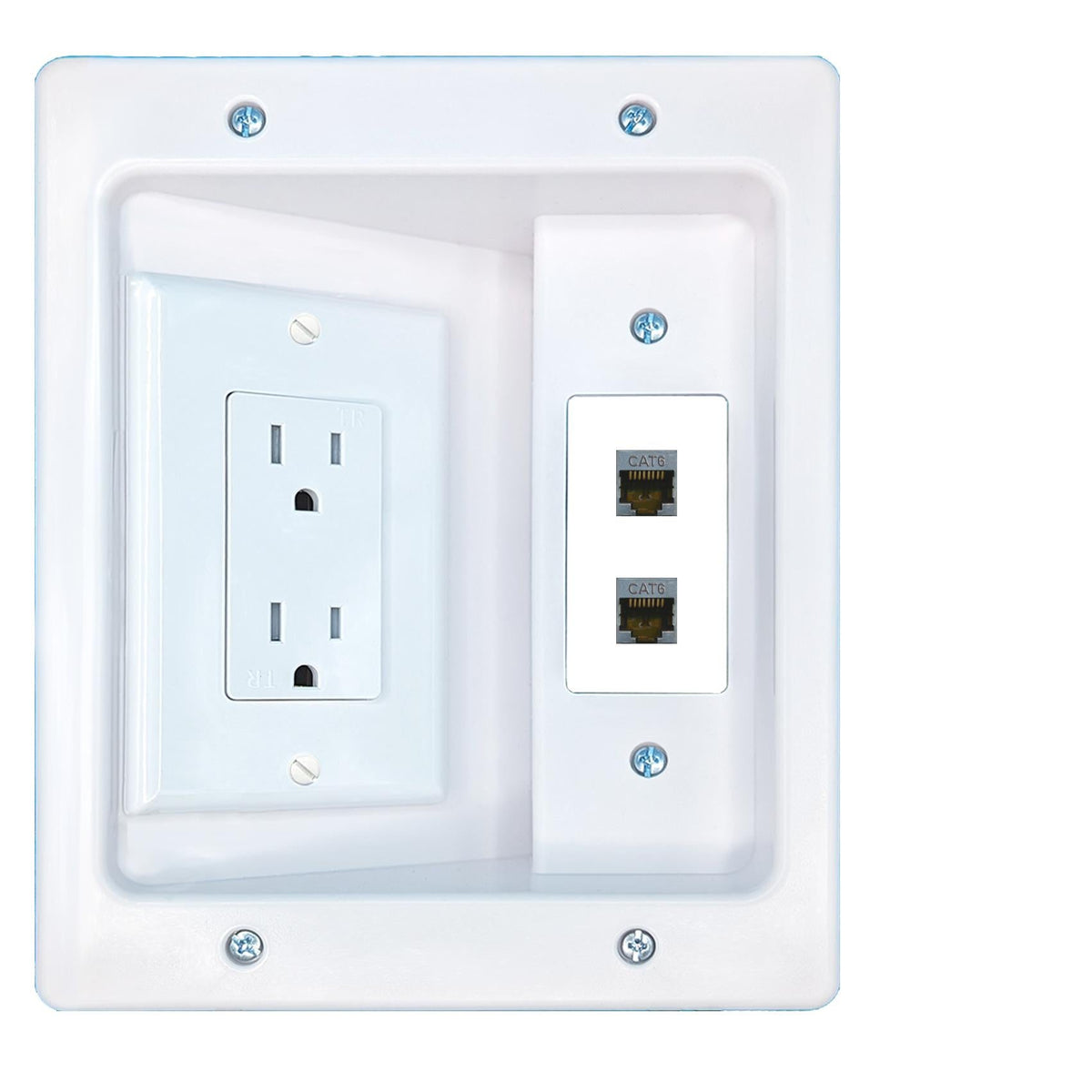 RiteAV 2 CAT6-SHIELDED Recessed Wall Plate Cable Concealer Management Kit with Power Outlet Hides Cords and Cables