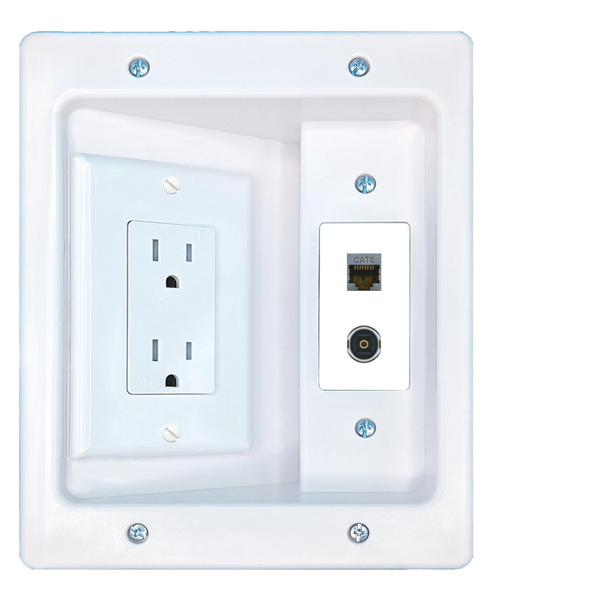 RiteAV CAT6-SHIELDED TOSLINK Recessed Wall Plate Cable Concealer Management Kit with Power Outlet Hides Cords and Cables