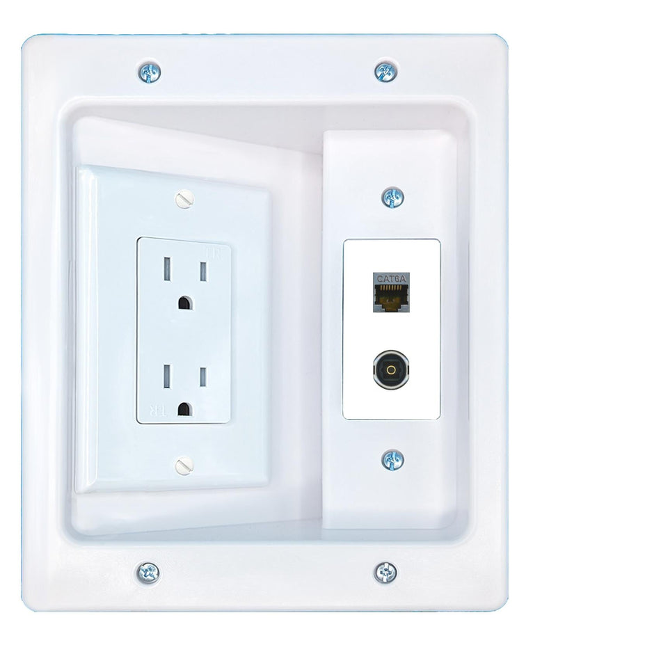 RiteAV CAT6A TOSLINK Recessed Wall Plate Cable Concealer Management Kit with Power Outlet Hides Cords and Cables