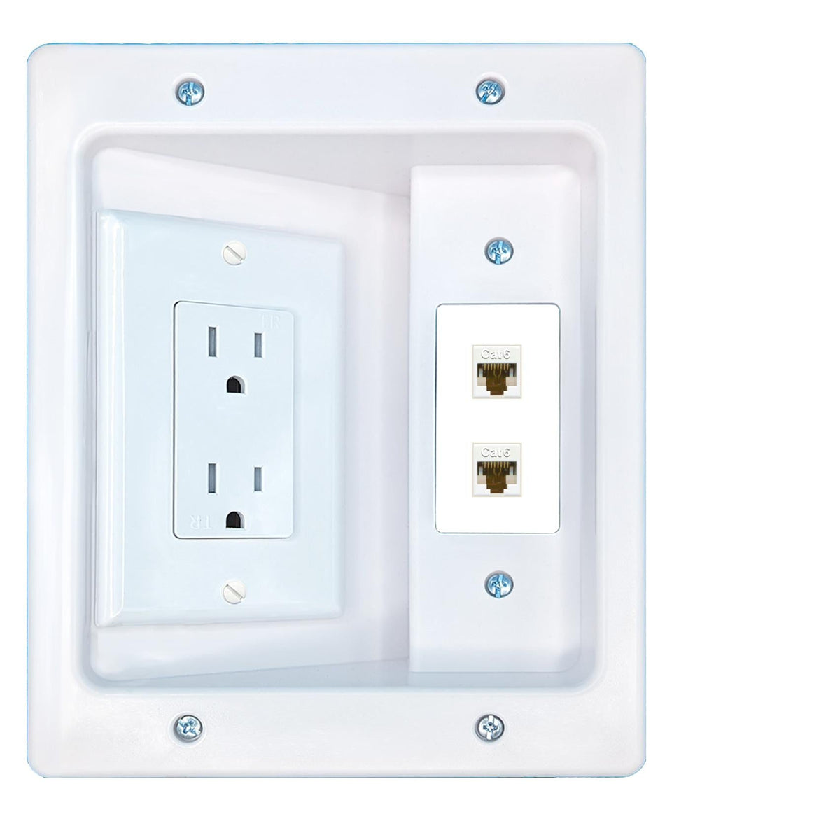 RiteAV 2 CAT6 Recessed Wall Plate Cable Concealer Management Kit with Power Outlet Hides Cords and Cables