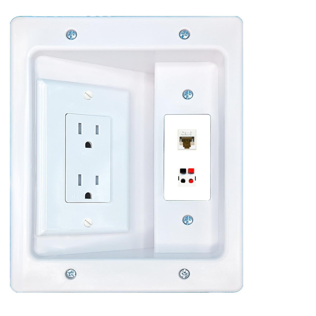 RiteAV CAT6 SPEAKER Recessed Wall Plate Cable Concealer Management Kit with Power Outlet Hides Cords and Cables