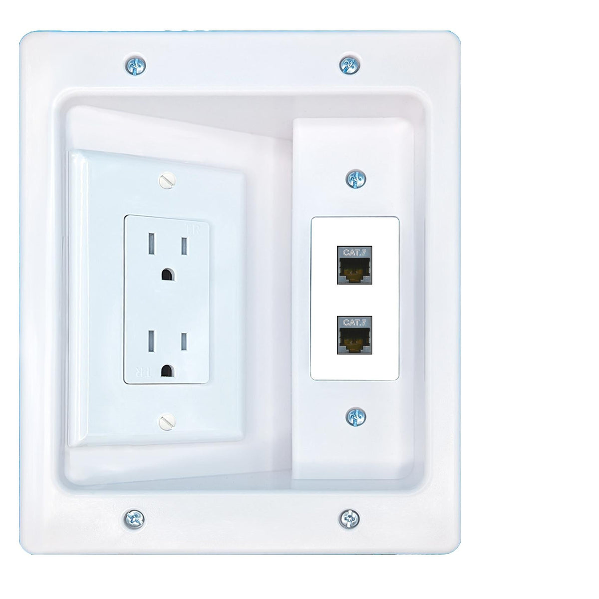 RiteAV 2 CAT7 Recessed Wall Plate Cable Concealer Management Kit with Power Outlet Hides Cords and Cables
