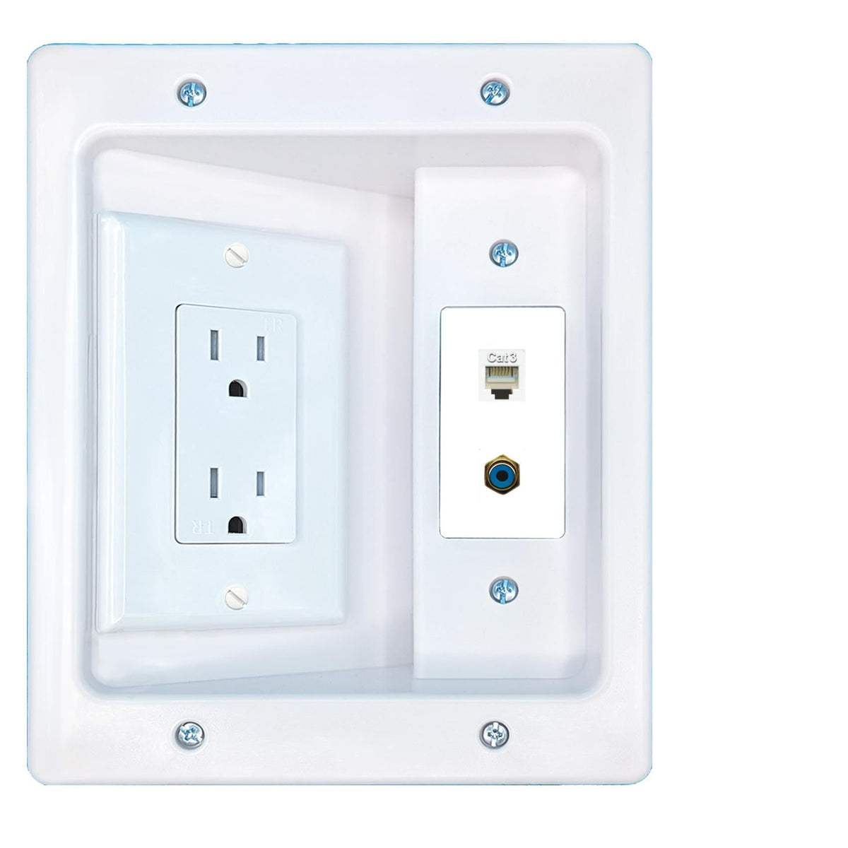 RiteAV PHONE RCA-BLUE Recessed Wall Plate Cable Concealer Management Kit with Power Outlet Hides Cords and Cables