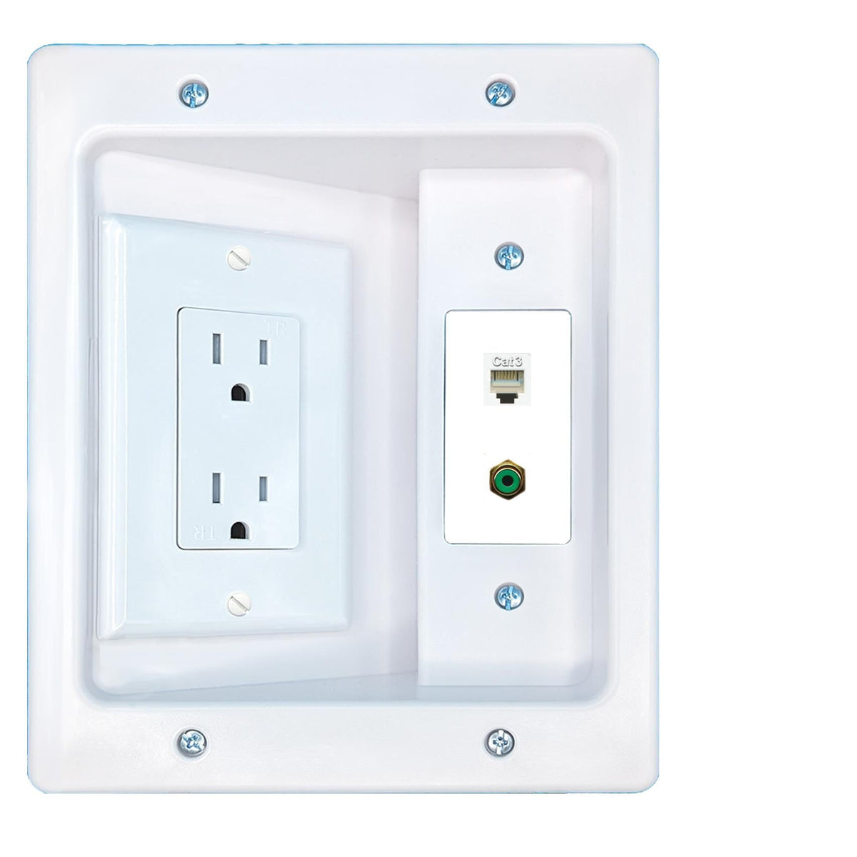 RiteAV PHONE RCA-GREEN Recessed Wall Plate Cable Concealer Management Kit with Power Outlet Hides Cords and Cables