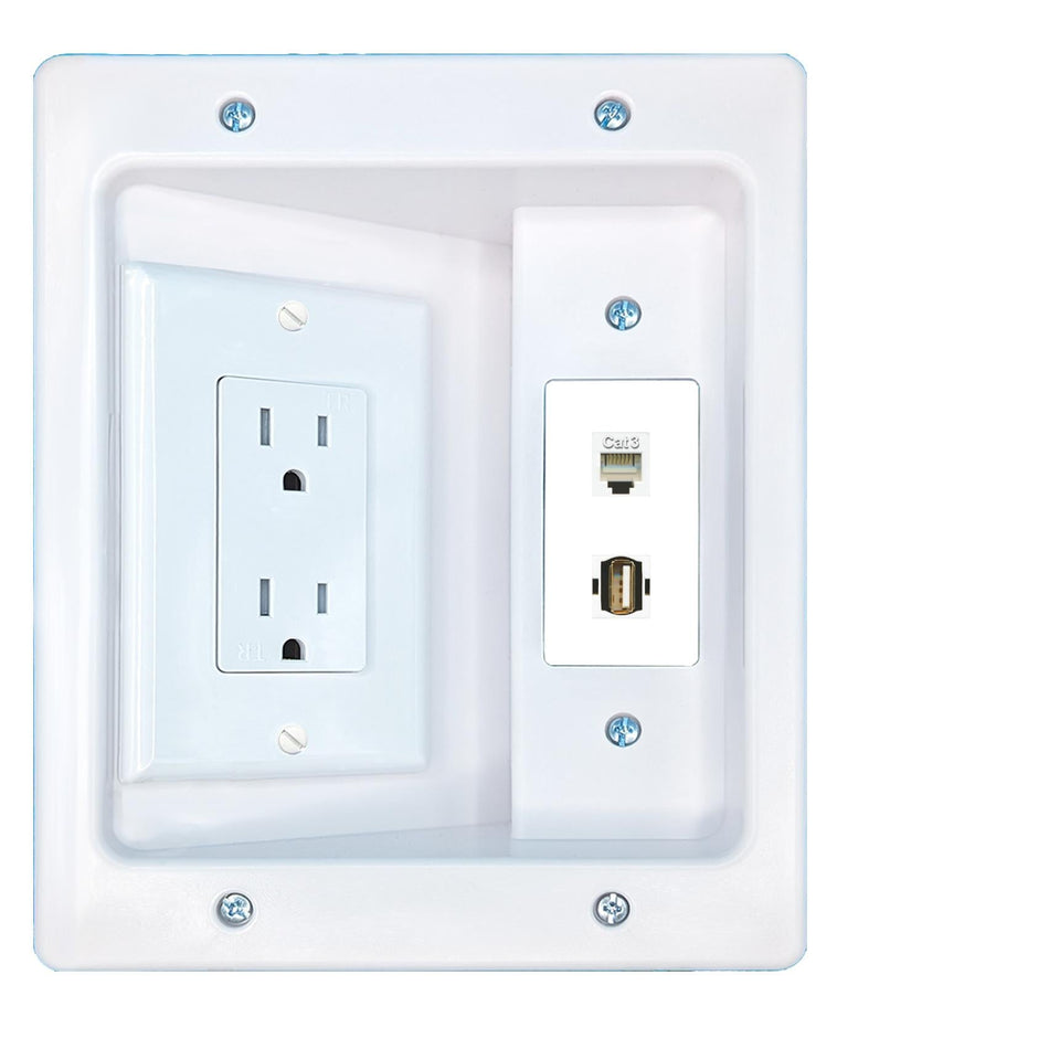 RiteAV PHONE USB2 Recessed Wall Plate Cable Concealer Management Kit with Power Outlet Hides Cords and Cables