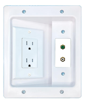 RiteAV RCA-GREEN RCA-WHITE Recessed Wall Plate Cable Concealer Management Kit with Power Outlet Hides Cords and Cables