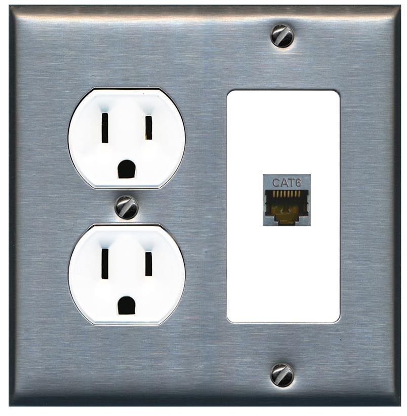 RiteAV CAT6-SHIELDED Wall Plate with Round Outlet [Stainless-White]