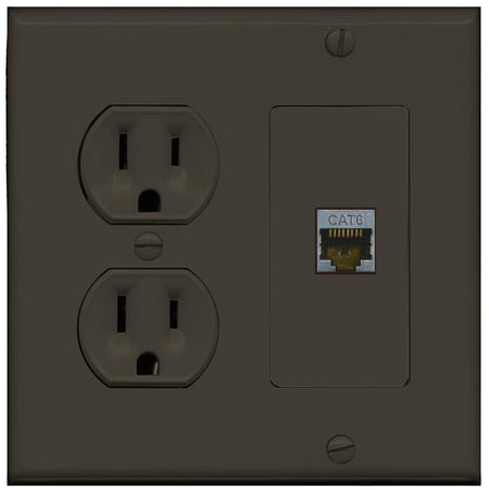 RiteAV CAT6-SHIELDED Wall Plate with Round Power Outlet [Brown]