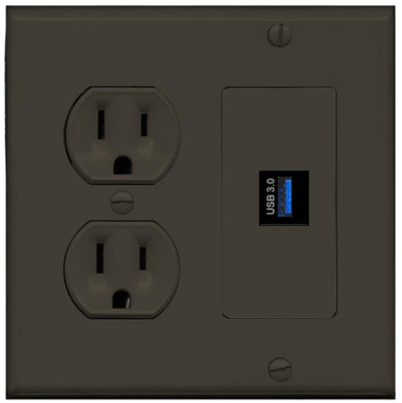 RiteAV USB-3 Wall Plate with Round Power Outlet [Brown]