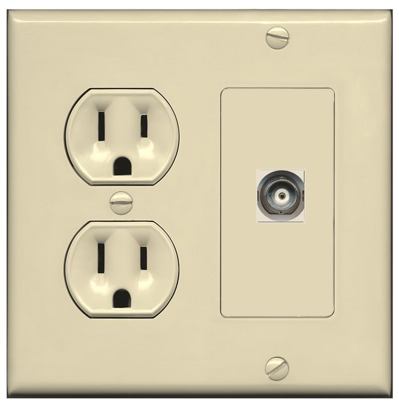 RiteAV BNC Wall Plate with Round Power Outlet [Ivory]