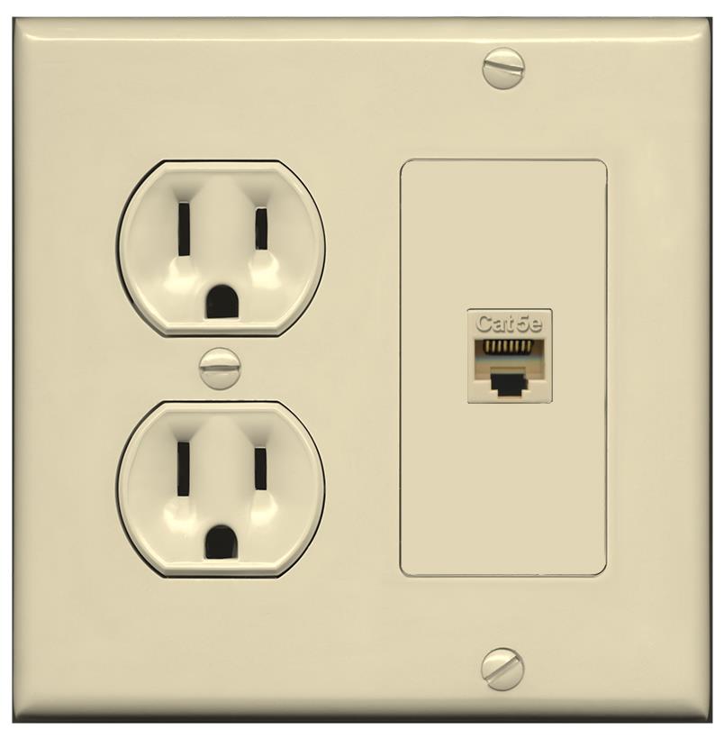 RiteAV CAT5E Wall Plate with Round Power Outlet [Ivory]
