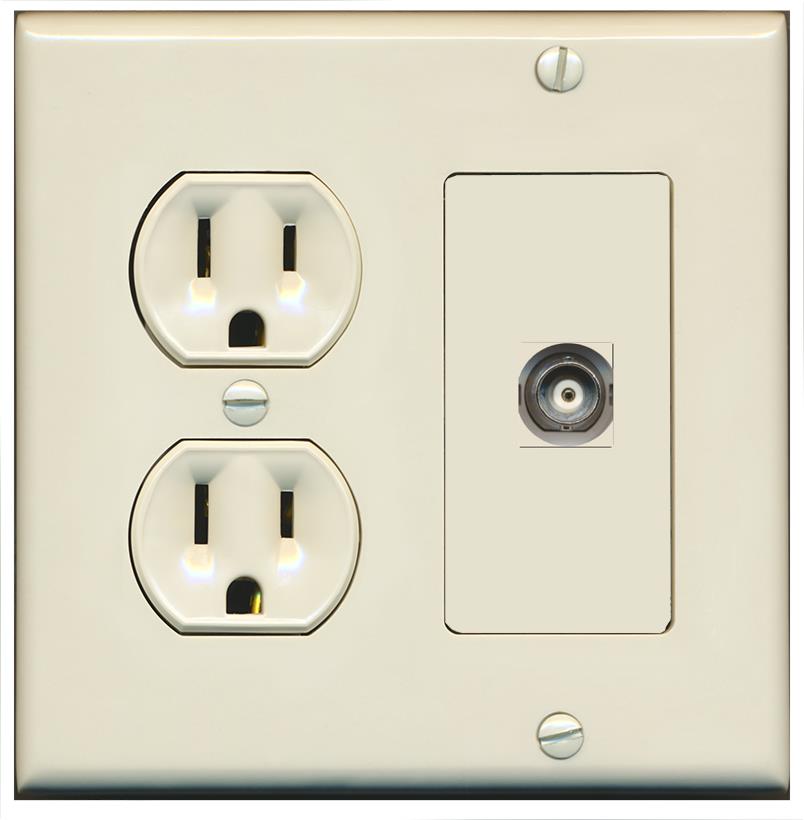 RiteAV BNC Wall Plate with Round Power Outlet [Light Almond]