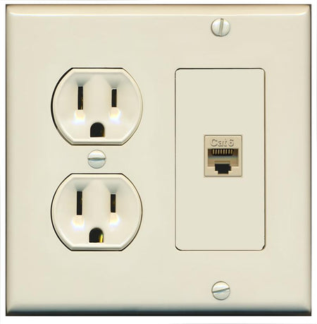 RiteAV CAT6 Wall Plate with Round Power Outlet [Light Almond]