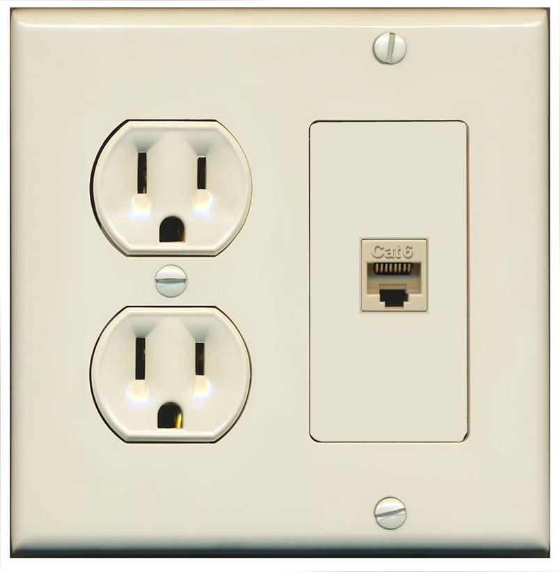RiteAV CAT6 Wall Plate with Round Power Outlet [Light Almond]