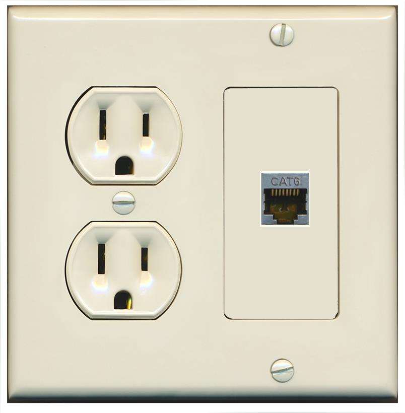 RiteAV CAT6-SHIELDED Wall Plate with Round Power Outlet [Light Almond]