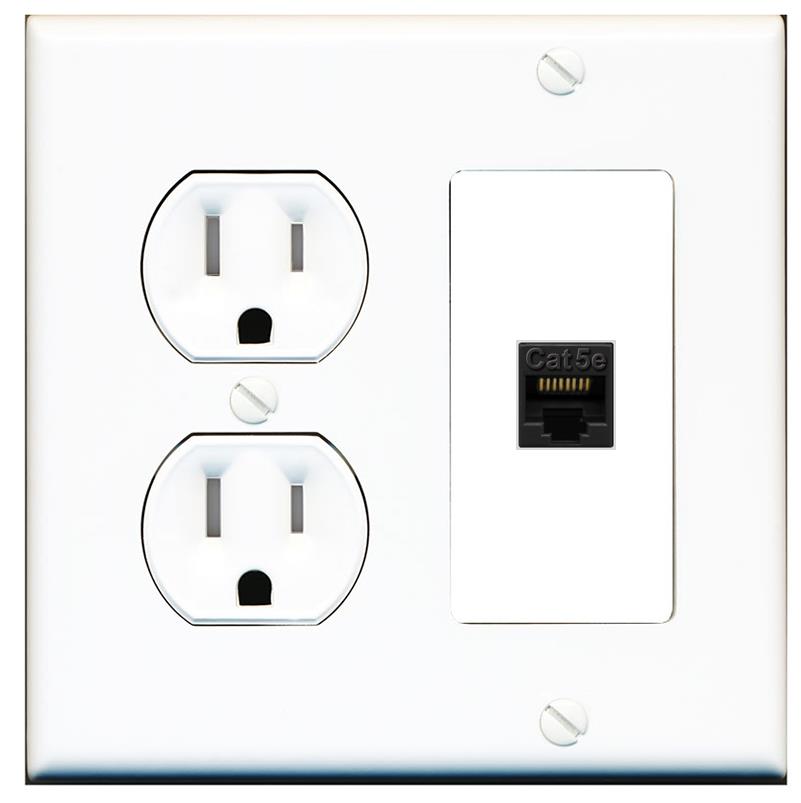 RiteAV CAT5E-BLACK Wall Plate with Round Tamper Resistant Power Outlet [White]