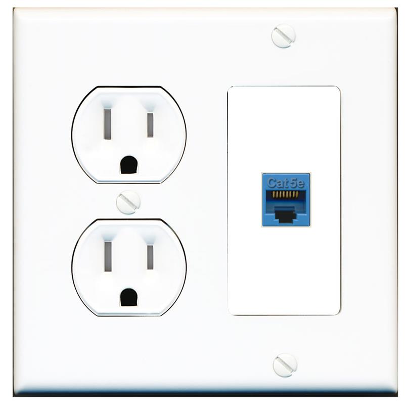 RiteAV CAT5E-BLUE Wall Plate with Round Tamper Resistant Power Outlet [White]
