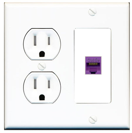 RiteAV CAT5E-PURPLE Wall Plate with Round Tamper Resistant Power Outlet [White]