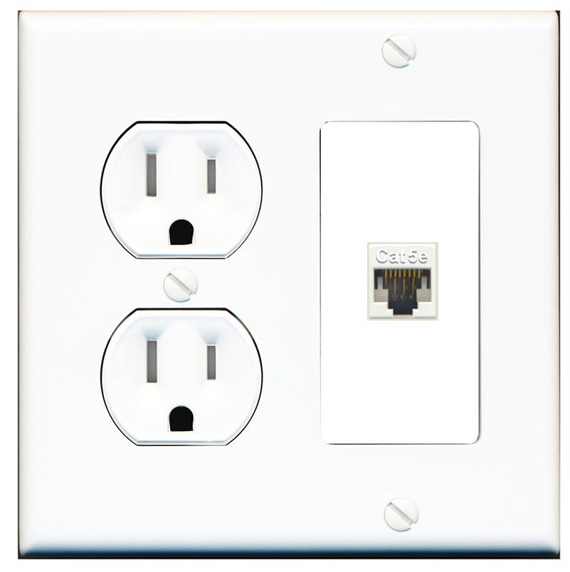 RiteAV CAT5E-WHITE Wall Plate with Round Tamper Resistant Power Outlet [White]