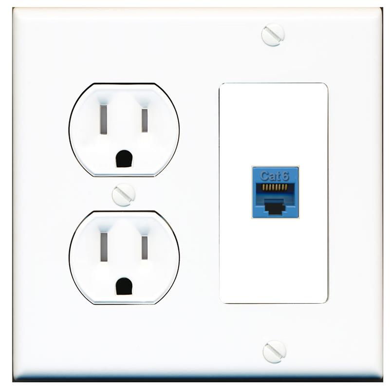 RiteAV CAT6-BLUE Wall Plate with Round Tamper Resistant Power Outlet [White]