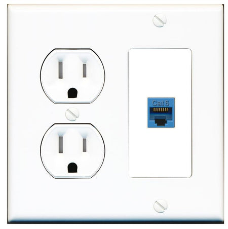 RiteAV CAT6-BLUE Wall Plate with Round Tamper Resistant Power Outlet [White]