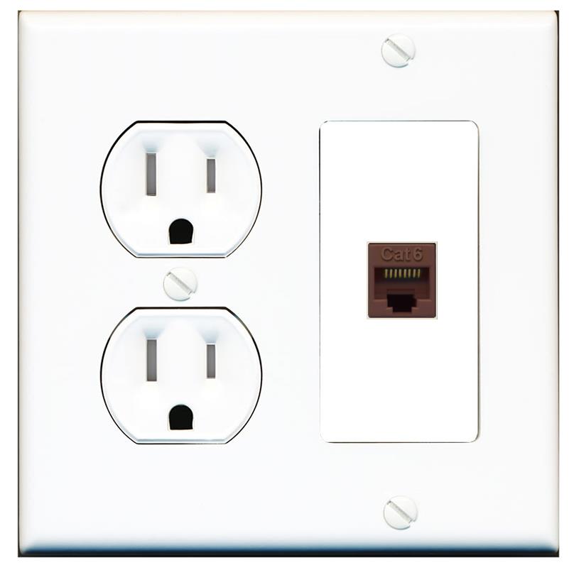 RiteAV CAT6-BROWN Wall Plate with Round Tamper Resistant Power Outlet [White]
