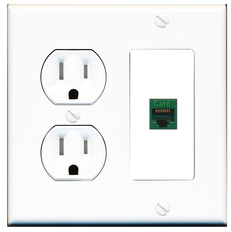 RiteAV CAT6-GREEN Wall Plate with Round Tamper Resistant Power Outlet [White]