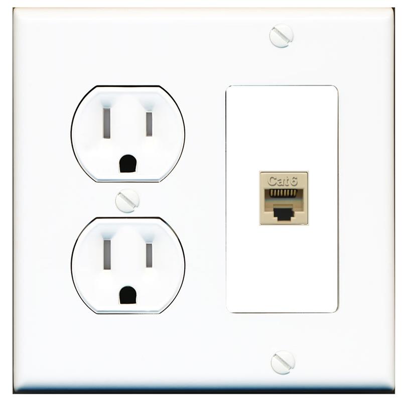 RiteAV CAT6-IVORY Wall Plate with Round Tamper Resistant Power Outlet [White]