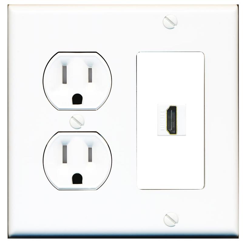 RiteAV HDMI Wall Plate with Round Tamper Resistant Power Outlet [White]