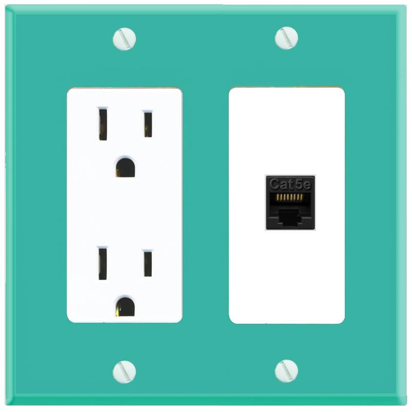 RiteAV CAT5E-BLACK Wall Plate with Power Outlet [Turquoise-White]