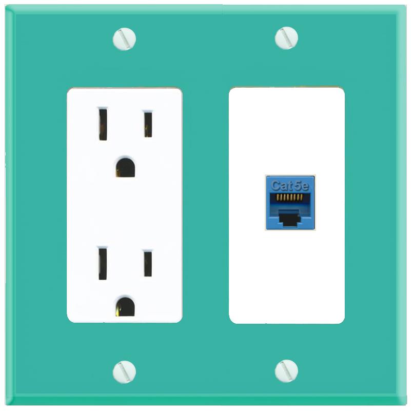 RiteAV CAT5E-BLUE Wall Plate with Power Outlet [Turquoise-White]
