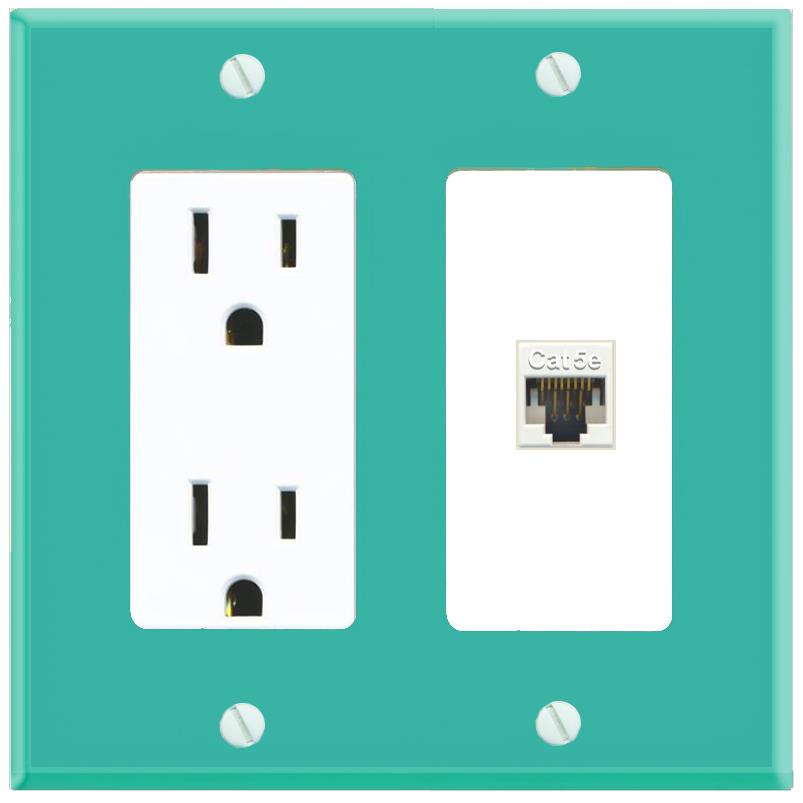 RiteAV CAT5E-WHITE Wall Plate with Power Outlet [Turquoise-White]