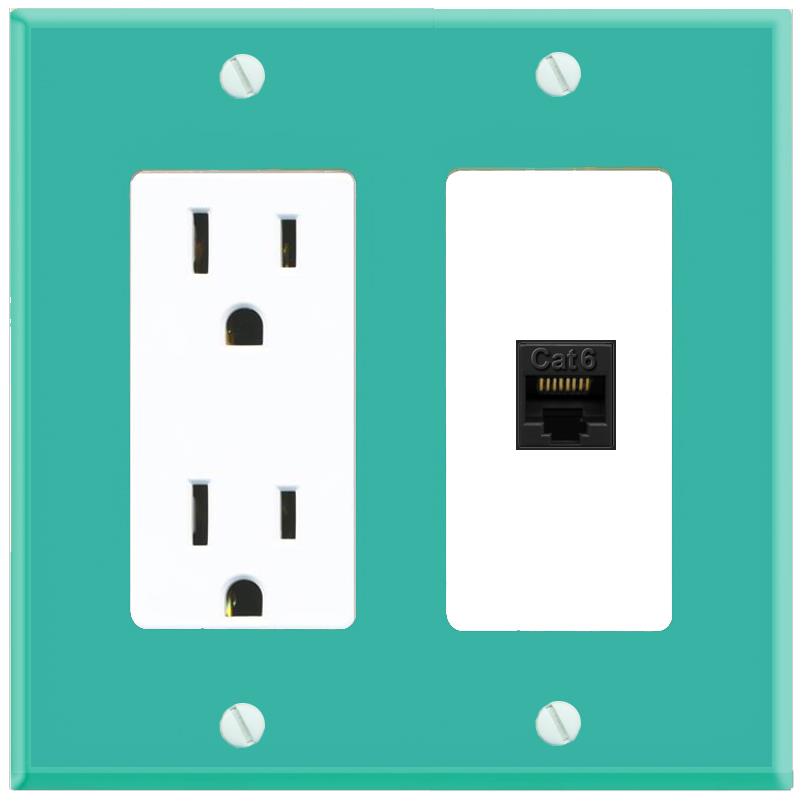 RiteAV CAT6-BLACK Wall Plate with Power Outlet [Turquoise-White]