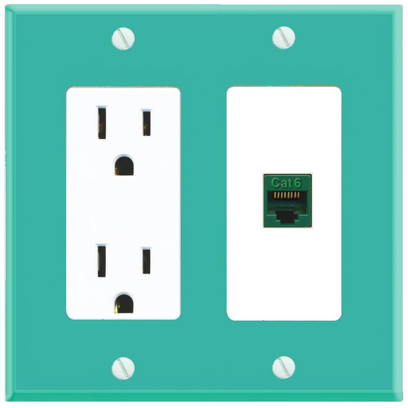 RiteAV CAT6-GREEN Wall Plate with Power Outlet [Turquoise-White]
