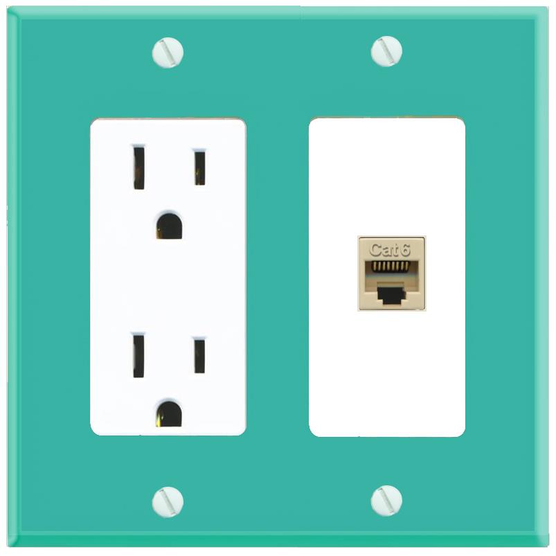 RiteAV CAT6-IVORY Wall Plate with Power Outlet [Turquoise-White]