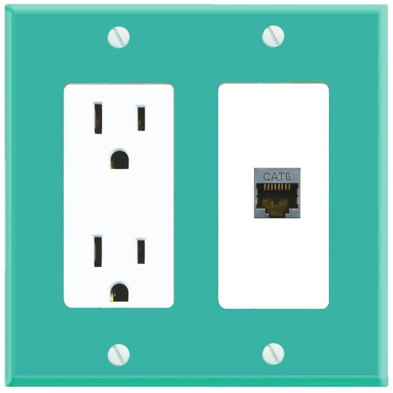 RiteAV CAT6-SHIELDED Wall Plate with Power Outlet [Turquoise-White]
