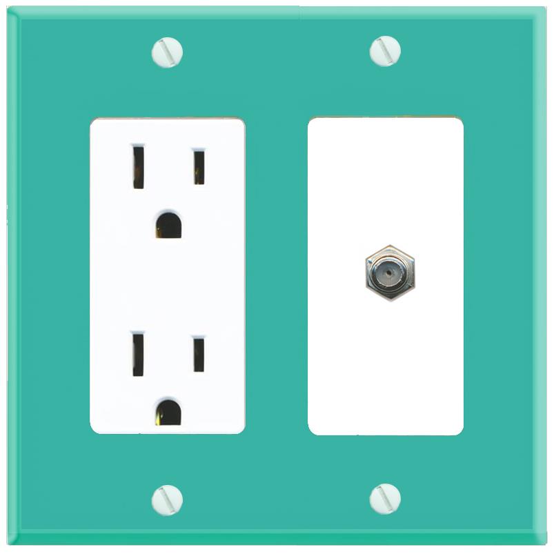 RiteAV COAX Wall Plate with Power Outlet [Turquoise-White]
