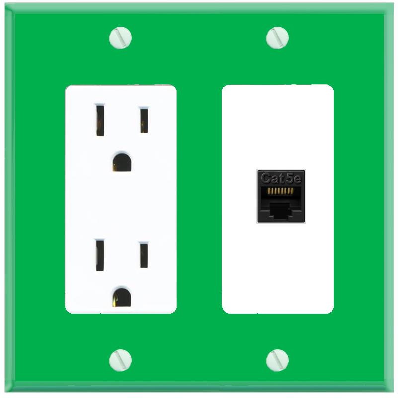 RiteAV CAT5E-BLACK Wall Plate with Power Outlet [Green-White]