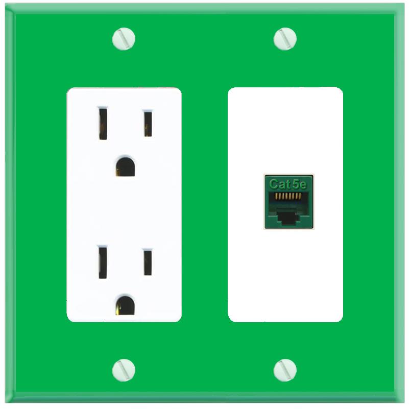 RiteAV CAT5E-GREEN Wall Plate with Power Outlet [Green-White]
