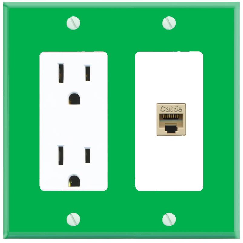 RiteAV CAT5E-IVORY Wall Plate with Power Outlet [Green-White]