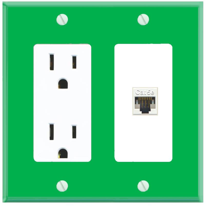 RiteAV CAT5E-WHITE Wall Plate with Power Outlet [Green-White]