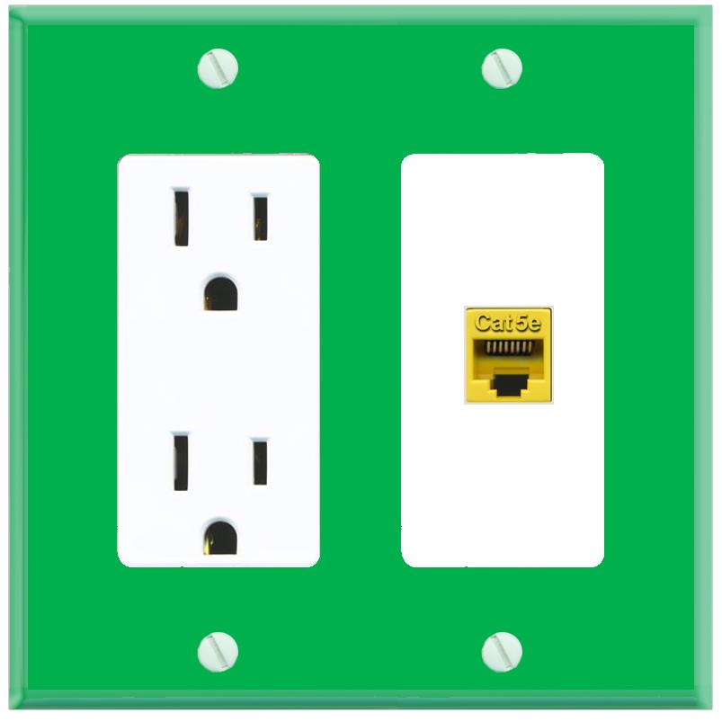 RiteAV CAT5E-YELLOW Wall Plate with Power Outlet [Green-White]