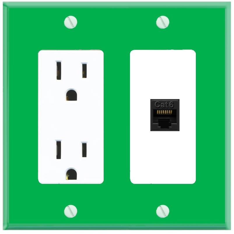 RiteAV CAT6-BLACK Wall Plate with Power Outlet [Green-White]