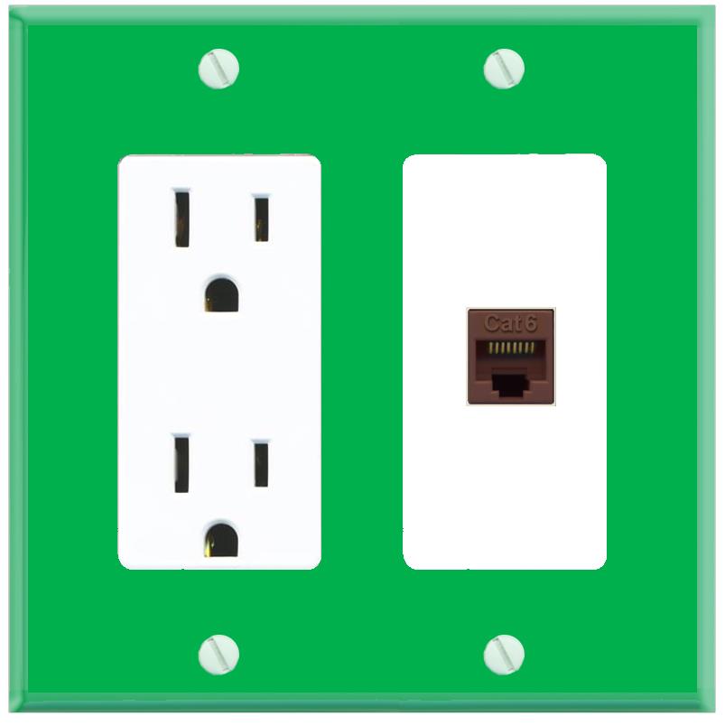 RiteAV CAT6-BROWN Wall Plate with Power Outlet [Green-White]