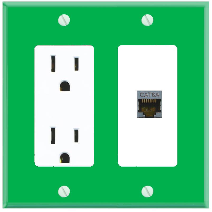 RiteAV CAT6A Wall Plate with Power Outlet [Green-White]